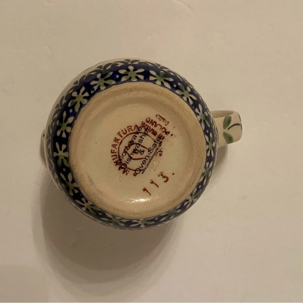 POLISH POTTERY CREAMER MINI PITCHER BLUE WHITE GREEN HANDMADE HOME BOLESLAWIEC